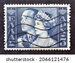 Small photo of Greece - circa 1957 : Cancelled postage stamp printed by Greece, that shows Royal couple, King Paul and Queen Frederica, circa 1957.