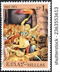Small photo of Greece - circa 1971 : Cancelled postage stamp printed by Greece, that shows 1821 Revolution - The sacrifice of Kapsalis, 150th Anniversary of Independence War, circa 1971.