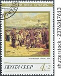 Small photo of Soviet Union - circa 1989 : Cancelled postage stamp printed by Soviet Union, that shows painting Village Market, A.V. Makovsky (1919), Soviet Cultural Fund, circa 1989.
