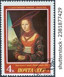 Small photo of USSR - circa 1987 : Cancelled postage stamp printed by USSR, that shows painting Portrait of a Woman, Lucas Cranach the Elder (1526), European Art in Hermitage Museum, Leningrad, circa 1987.