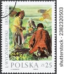 Small photo of Poland - circa 1987 : Cancelled postage stamp printed by Poland, that shows painting Harvesting Beetroot, 1911, by Leon Wyczolkowski (1852-1936), circa 1987.