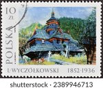 Small photo of Poland - circa 1987 : Cancelled postage stamp printed by Poland, that shows painting Harvesting Wood Church, 1910, by Leon Wyczolkowski (1852-1936), circa 1987.