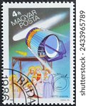 Small photo of HUNGARY - CIRCA 1986: Cancelled postage stamp printed by Hungary, that shows European Space Agency Giotto and the Three Magi, Halley's Comet, circa 1986.