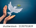 Dove of peace concept. Symbol of freedom and international day of peace. Hands let out chalk painted dove with olive branch