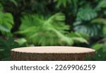 Small photo of Wood podium table top outdoors blur green monstera tropical forest plant nature background.Beauty cosmetic healthy natural product placement pedestal display,spring or summer jungle paradise.