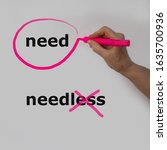 Small photo of The word need is circled with a pink pencil by a hand with a bubble, the word needless is crossed out