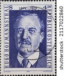 Small photo of Austria - circa 1974 : a postage stamp from Austria, showing a portrait of the writer, dramatist, lyricist Hugo von Hofmannsthal