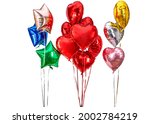 Air Balloon Set. Bunch of red color heart shaped foil balloons isolated on white background. Love. Holiday celebration. Valentine's Day party decoration. Metallic red color Heart air balls.