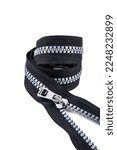 Small photo of Jacket Winter Coat Black Tape Heavy Duty Zippers Large Molded Plastic Zippers. Close-up of zipper slider on a white surface. Sewing production, materials and accessories.