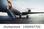 Closeup view of private jet airplane parked at outside and waiting business persons. Luxury tourism and business travel transportation concept. 3d rendering