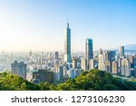 Beautiful landscape and cityscape of taipei 101 building and architecture in the city skyline with bluesky and white cloud at Taiwan