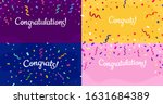 Congratulations confetti banner. Congrats card with color confetti, congratulation lettering banners vector set. Bundle of modern poster or postcard templates for anniversary or birthday celebration.