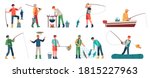 Cartoon fisherman. Men in boats holding net or spinning. Fisher with fish, fishing accessory, hobby angling vacation vector characters. Hobby leisure activity illustration
