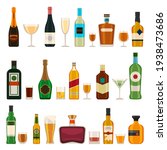 Alcoholic bottles and glasses. Alcohol cocktail drinks, champagne, beer, brandy and martini, gin and cognac. Bar menu flat vector icons set