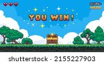 Pixel game win screen. Retro 8 bit video game interface with You Win text, computer game level up background. Vector pixel art illustration. Game screen pixel, retro video computer banner