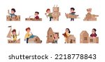 Kids playing boxes. Children building handmade cardboard toys, cute boys girls cartoon characters hobbies, happy joyful childhood. Vector isolated set. Pirate in ship, astronaut in rocket