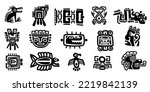 Mexican gods symbols. Abstract aztec animal bird totem idols, ancient inca maya civilization primitive traditional signs. Vector collection. Indigenous culture symbols and mythic rituals