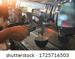 Small photo of coffee machine,Coffee machine in steam, barista preparing coffee at cafe