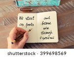 Small photo of Retro effect and toned image of a woman hand writing on a notebook. Handwritten quote We start as fools and become wise through experience as inspirational concept image