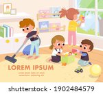 children tidy up playroom doing ... | Shutterstock .eps vector #1902484579