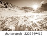 Snow covered fir trees on the background of mountain peaks. Panoramic view of the picturesque snowy winter landscape. . High quality photo