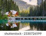Emerald lake with beautiful reflections in the Canadian Rockies of Yoho National Park, British Columbia, Canada. 