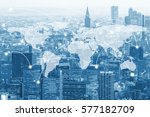 Double exposure global world map on business financial network city background. Elements of this image furnished by NASA