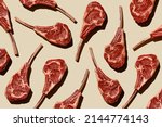 Horizontal Pattern of Raw fresh meat Tomahawk Steak on beige background flatlay food