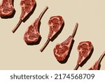 Small photo of Horizontal Pattern of Raw fresh meat Tomahawk Steak on beige background flatlay food
