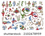 Floral vintage Medieval illuminati manuscript inspiration. Romanesque style. Clip art, set of elements for design Vector illustration