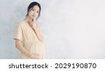 Small photo of Thinking pregnant Asian woman concept. Maternity melancholy.