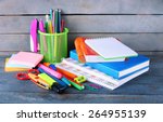 Colorful stationery on wooden...