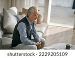 Small photo of sad asian senior man sitting on couch in living room at home