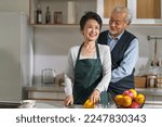 Small photo of loving senior asian man husband helping wife tying up apron in kitchen at home