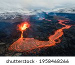 Lava Flows on active volcano aerial view, Mount Fagradalsfjall, Iceland