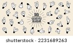 Set of Thirty Different Retro Four-Fingered Cartoon Hands. Isolated Vector EPS10 Illustrations.