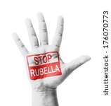 Small photo of Open hand raised, Stop Rubella (German Measles) sign painted, multi purpose concept - isolated on white background