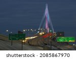 Small photo of Long Beach, California, USA - January 31, 2021: this image shows the new Gerald Desmond Bridge taken at dusk.