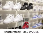 shelves with shoes in a sporting goods store