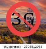 Small photo of End of life for 3rd generation or 3G cell mobile networks illustrated with sign superimposed on rural cellphone tower