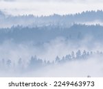 Silhouettes of forest treetops peeking through layers of mist in wintertime. Winter fog rolling among forested hills creating beautifully layered landscape. Stunning winter view of hilly countryside.