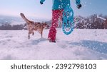 Small photo of LOW ANGLE VIEW, CLOSE UP: Playful dog and lady in blue snowshoes run in fresh snow. Unknown woman is snowshoeing in the snowy countryside on a beautiful sunny winter day with her brown doggo by side.