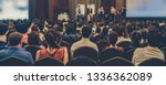 Banner of Abstract blurred photo of conference hall or seminar room with attendee background