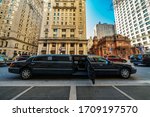 Undefined Luxury limousine open door for prepare service vip customer at Philadelphia city in down town with historic building, Pennsylvania, Architecture and building, Travel and Tourism concept