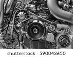 Car engine, concept of modern vehicle motor with metal, chrome, plastic parts, heavy industry, monochrome 