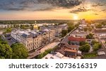 Aerial panorama of Trenton New Jersey skyline amd state capitol at sunset. Trenton is the capital city of the U.S. state of New Jersey and the county seat of Mercer County.