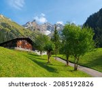 Small photo of The historic hamlet Einodsbach in valley Stillachtal near Oberstdorf. Mount Trettachspitze and mount Madelegabel in the background. Germany, Bavaria