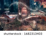 Fantasy enchanted fairy tale forest with giant mushrooms, magical elf or gnome house with shining window in pine tree hollow and flying fairytale magic butterflies leaving path with luminous sparkles