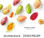 Prickly pear fruits creative layout isolated on white background. Healthy food and dieting concept. Tropical cactus fruit composition. Top view, flat lay