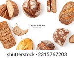 Small photo of Fresh bread creative layout isolated on white background. Whole and sliced breads frame border. Healthy eating and dieting food concept. Top view, flat lay. Design element